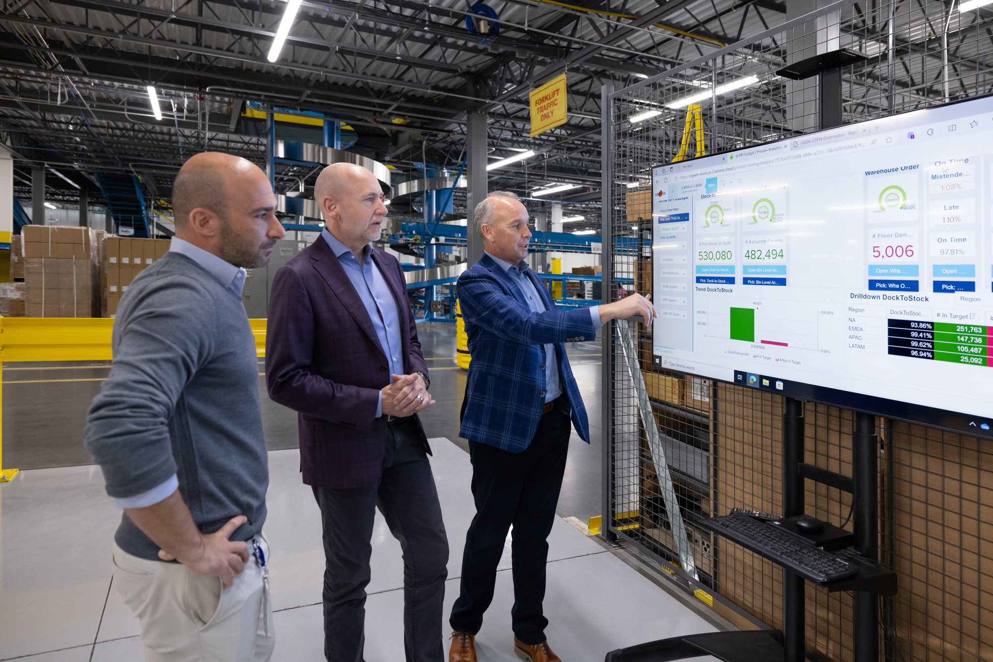 Three men in a warehouse observing data on a large digital screen, discussing logistics. the environment is industrial with visible racks and boxes.